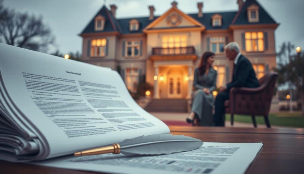 A meticulously rendered scene depicting the inheritance process, with and without a will. In the foreground, a stack of legal documents and a quill pen, symbolizing the formal proceedings. In the middle ground, two figures - one seated, the other standing - engaged in discussion, their expressions conveying the gravity of the situation. The background features a stately manor house, its ornate architecture hinting at the family's legacy. Soft, warm lighting illuminates the scene, creating an atmosphere of contemplation and solemnity. The overall composition suggests the complexity and emotional weight of the inheritance process, whether guided by a formal testament or undertaken without one.