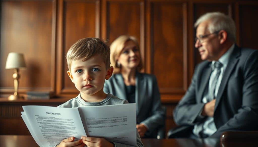 A meticulously rendered scene depicting the legal context of inheritance involving minors. In the foreground, a young child holding legal documents, symbolizing their position at the center of the legal process. In the middle ground, two adult figures, likely guardians or representatives, engaged in a discussion, their expressions conveying the gravity of the situation. The background showcases a dimly lit, wood-paneled office setting, lending an air of seriousness and formality to the scene. Soft, directional lighting casts subtle shadows, emphasizing the weight of the legal proceedings. The overall mood is one of contemplation and careful consideration, reflecting the sensitive nature of the topic.