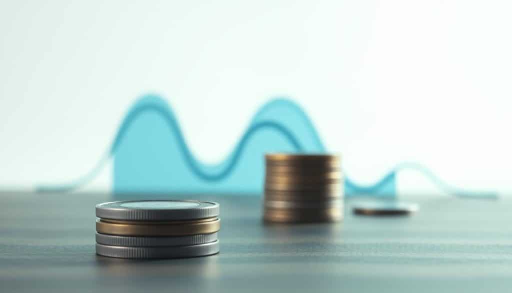 A minimalist but elegant composition showcasing the key characteristics of short-term investments. In the foreground, a sleek stack of coins or currency, conveying the liquidity and immediate accessibility of these investments. The middle ground features abstract shapes and lines in shades of blue and green, symbolizing the dynamic, ever-changing nature of short-term financial markets. The background is a soft, blurred gradient, creating a sense of depth and focus on the central elements. Soft, directional lighting casts subtle shadows, highlighting the textural details and lending a sense of sophistication. The overall mood is one of efficiency, stability, and the potential for quick returns.