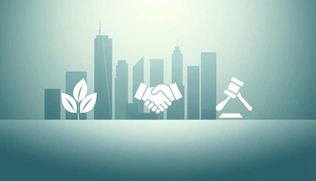 A minimalist, elegant illustration depicting the core tenets of Environmental, Social, and Governance (ESG) criteria. A sleek, modern cityscape forms the backdrop, with clean lines and a muted color palette evoking a sense of corporate responsibility. In the foreground, three distinct icons - a leaf, a handshake, and a gavel - symbolize the environmental, social, and governance aspects respectively. The icons are rendered in a simple, geometric style, conveying the importance of these key factors in sustainable finance and investment decisions. Soft, diffused lighting creates a professional, authoritative atmosphere, underscoring the gravity of ESG considerations. A minimalist, elegant illustration depicting the core tenets of Environmental, Social, and Governance (ESG) criteria. A sleek, modern cityscape forms the backdrop, with clean lines and a muted color palette evoking a sense of corporate responsibility. In the foreground, three distinct icons - a leaf, a handshake, and a gavel - symbolize the environmental, social, and governance aspects respectively. The icons are rendered in a simple, geometric style, conveying the importance of these key factors in sustainable finance and investment decisions. Soft, diffused lighting creates a professional, authoritative atmosphere, underscoring the gravity of ESG considerations.
