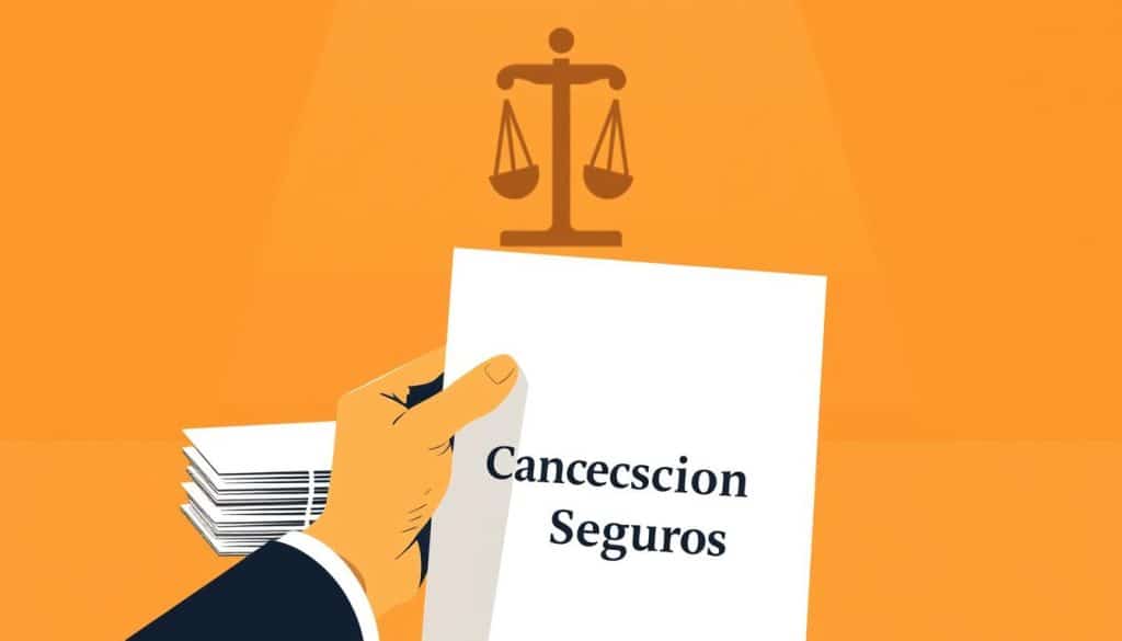 A minimalist, high-contrast illustration depicting the legal process of canceling insurance policies. In the foreground, a hand holds a document with the text "Cancelación Seguros". Behind it, a stack of official papers representing the legal paperwork involved. In the background, a subtle silhouette of an insurance company logo, symbolizing the institutional context. The scene is illuminated by warm, directional lighting, creating a sense of focus and importance. The overall mood is professional, authoritative, and conveys the gravity of the legal cancellation process. A minimalist, high-contrast illustration depicting the legal process of canceling insurance policies. In the foreground, a hand holds a document with the text "Cancelación Seguros". Behind it, a stack of official papers representing the legal paperwork involved. In the background, a subtle silhouette of an insurance company logo, symbolizing the institutional context. The scene is illuminated by warm, directional lighting, creating a sense of focus and importance. The overall mood is professional, authoritative, and conveys the gravity of the legal cancellation process.