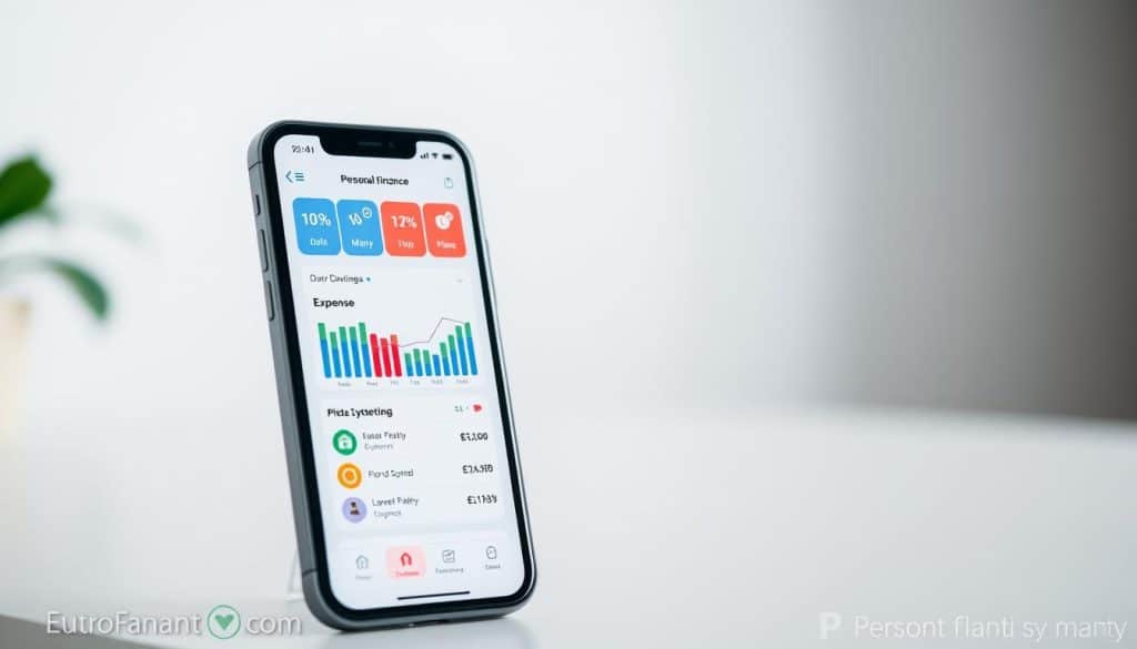 A modern, clean-looking mobile app interface showcasing personal finance tracking and expense management features. In the foreground, a smartphone screen displays a neatly organized dashboard with colorful charts, graphs, and categorized expense listings. The middle ground features various icons and UI elements such as buttons, toggle switches, and a streamlined navigation menu. The background has a blurred, minimalist design with subtle gradient patterns or textures, conveying a sense of simplicity and digital sophistication. The overall scene should feel intuitive, visually appealing, and optimized for easy expense control and personal financial oversight on a mobile device.