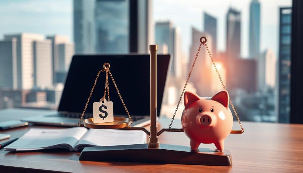 A modern corporate office desk with a laptop, papers, and a piggy bank representing personal finances. In the foreground, a scale with corporate and personal finance symbols balancing each other. The background is a blurred cityscape with skyscrapers, suggesting the contrast between the corporate and personal worlds. The lighting is warm and natural, creating a sense of balance and harmony. The overall composition emphasizes the key differences between corporate and personal finances, inviting the viewer to reflect on the unique challenges and considerations in each realm. A modern corporate office desk with a laptop, papers, and a piggy bank representing personal finances. In the foreground, a scale with corporate and personal finance symbols balancing each other. The background is a blurred cityscape with skyscrapers, suggesting the contrast between the corporate and personal worlds. The lighting is warm and natural, creating a sense of balance and harmony. The overall composition emphasizes the key differences between corporate and personal finances, inviting the viewer to reflect on the unique challenges and considerations in each realm.