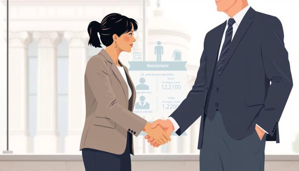A modern, minimalist illustration depicting the partial retirement and relief contract concept in Spain. In the foreground, two professional office workers, one older and one younger, shake hands in an act of transition and knowledge transfer. The middle ground showcases an abstract representation of retirement benefits and employment status. The background features architectural elements, suggesting a corporate or governmental setting. The lighting is soft and natural, creating a sense of professionalism and collaboration. The overall tone is one of cooperation, experience, and a gradual shift in the workforce.