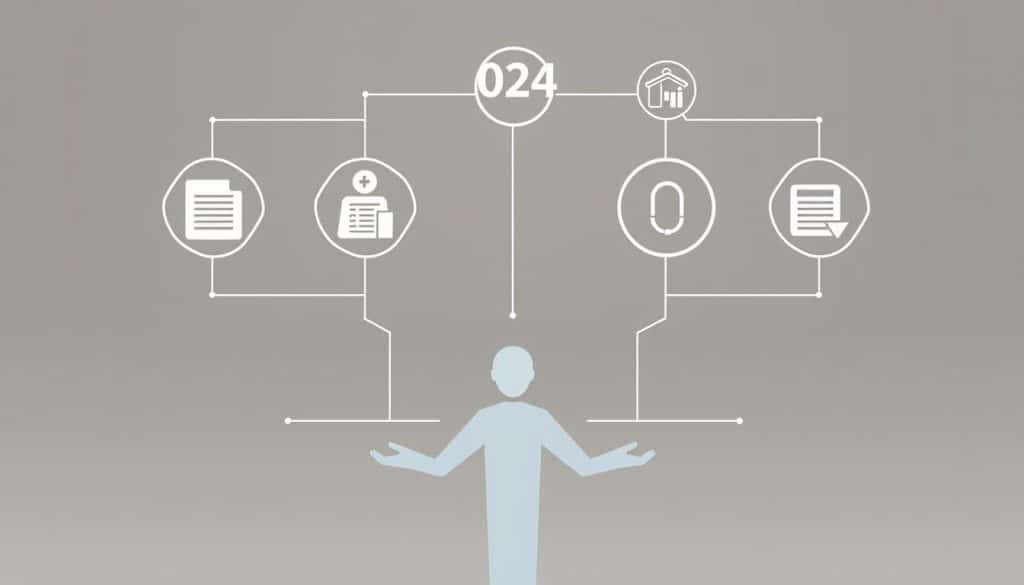 A modern, minimalist illustration of a social security system in 2024. In the foreground, a stylized representation of a person, hands outstretched, symbolizing the individual's interaction with the system. In the middle ground, clean geometric shapes and lines representing the various components of the social security infrastructure - retirement funds, healthcare coverage, unemployment benefits. The background features a subtle gradient in muted tones, conveying a sense of security, stability, and technological sophistication. The overall composition is balanced, with a focus on simplicity and clarity to reflect the streamlined, efficient nature of the 2024 social security system. A modern, minimalist illustration of a social security system in 2024. In the foreground, a stylized representation of a person, hands outstretched, symbolizing the individual's interaction with the system. In the middle ground, clean geometric shapes and lines representing the various components of the social security infrastructure - retirement funds, healthcare coverage, unemployment benefits. The background features a subtle gradient in muted tones, conveying a sense of security, stability, and technological sophistication. The overall composition is balanced, with a focus on simplicity and clarity to reflect the streamlined, efficient nature of the 2024 social security system.