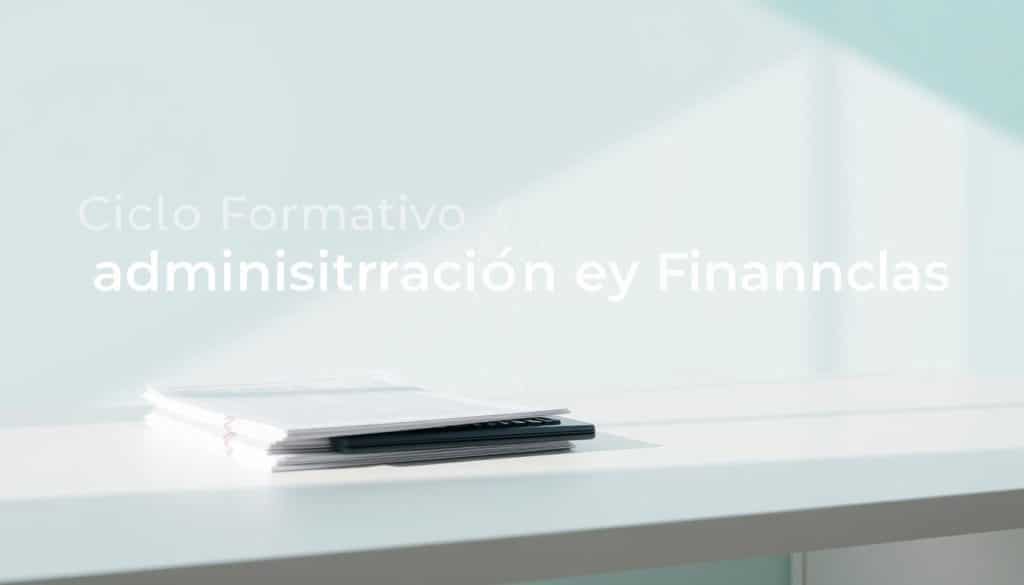 A modern, minimalist illustration of the "Ciclo Formativo de Administración y Finanzas". In the foreground, a stack of financial documents and a calculator sit atop a clean, white desk. In the middle ground, a sleek, geometric wireframe model of a human figure, symbolizing the educational journey. The background features a soft, gradient wash of blues and greens, conveying a sense of professionalism and tranquility. The lighting is natural and diffused, casting gentle shadows and highlights to create depth and dimensionality. The overall composition is balanced and visually striking, perfectly capturing the essence of this specialized field of study.