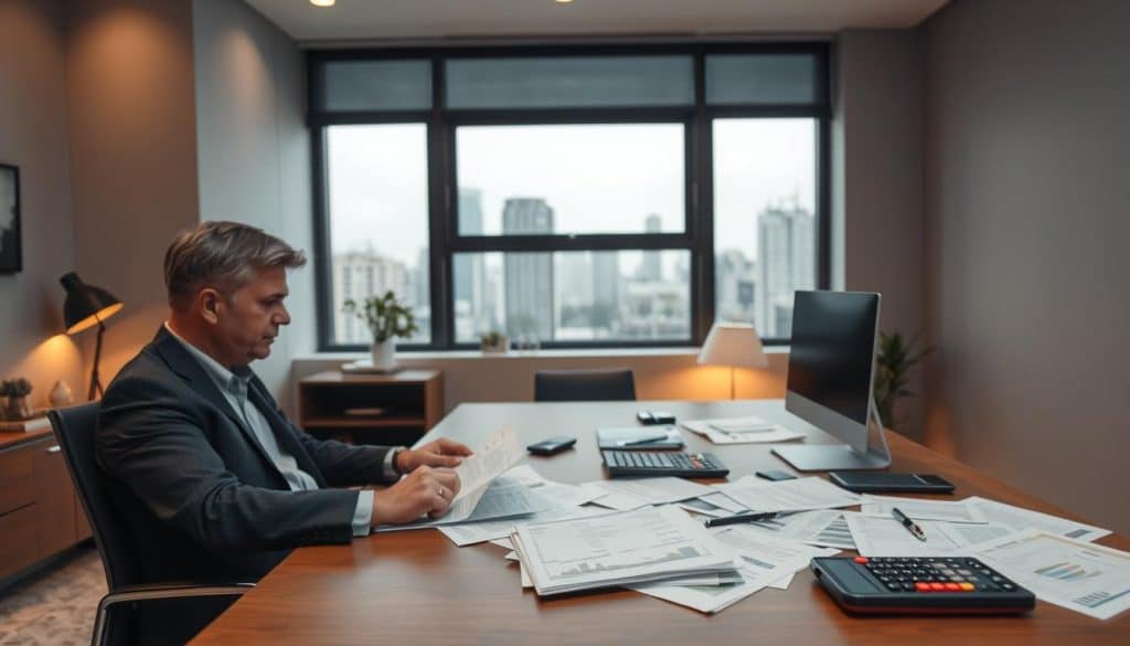 A modern office interior with a desk, computer, and paperwork scattered across it, representing the process of managing unpaid rent. The walls are a neutral gray, providing a calming backdrop. Warm lighting casts a soft glow, creating a professional atmosphere. In the foreground, a person in a suit sits at the desk, brow furrowed as they review documents, conveying the responsibility and focus required in handling rental payment issues. The middle ground features additional paperwork, financial statements, and a calculator, emphasizing the administrative and analytical aspects of the rental management process. In the background, a large window overlooks a cityscape, suggesting the broader context and importance of this task for both landlords and tenants. A modern office interior with a desk, computer, and paperwork scattered across it, representing the process of managing unpaid rent. The walls are a neutral gray, providing a calming backdrop. Warm lighting casts a soft glow, creating a professional atmosphere. In the foreground, a person in a suit sits at the desk, brow furrowed as they review documents, conveying the responsibility and focus required in handling rental payment issues. The middle ground features additional paperwork, financial statements, and a calculator, emphasizing the administrative and analytical aspects of the rental management process. In the background, a large window overlooks a cityscape, suggesting the broader context and importance of this task for both landlords and tenants.