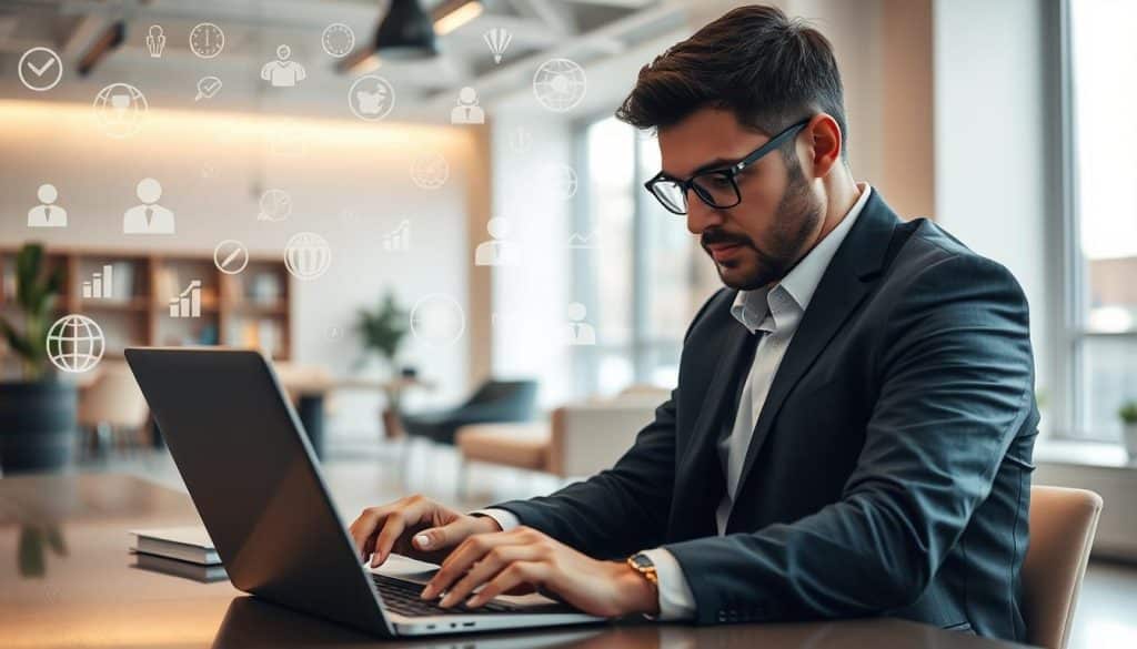 A modern office scene with a professional autonomous worker reviewing specific insurance policies on a laptop. Bright, well-lit interior with sleek, minimalist furniture and decor. The worker is focused, with a serious but thoughtful expression, dressed in business casual attire. In the background, abstract graphical representations of insurance-related icons and symbols hover, creating a sense of the importance and complexity of autonomous worker insurance needs. Subtle depth of field, emphasizing the worker and laptop as the focal point. Warm, neutral color palette with pops of accent colors reflecting the brand identity of the insurance policies. Cinematic, cinematic 35mm lens perspective to convey a sense of professionalism and authority.