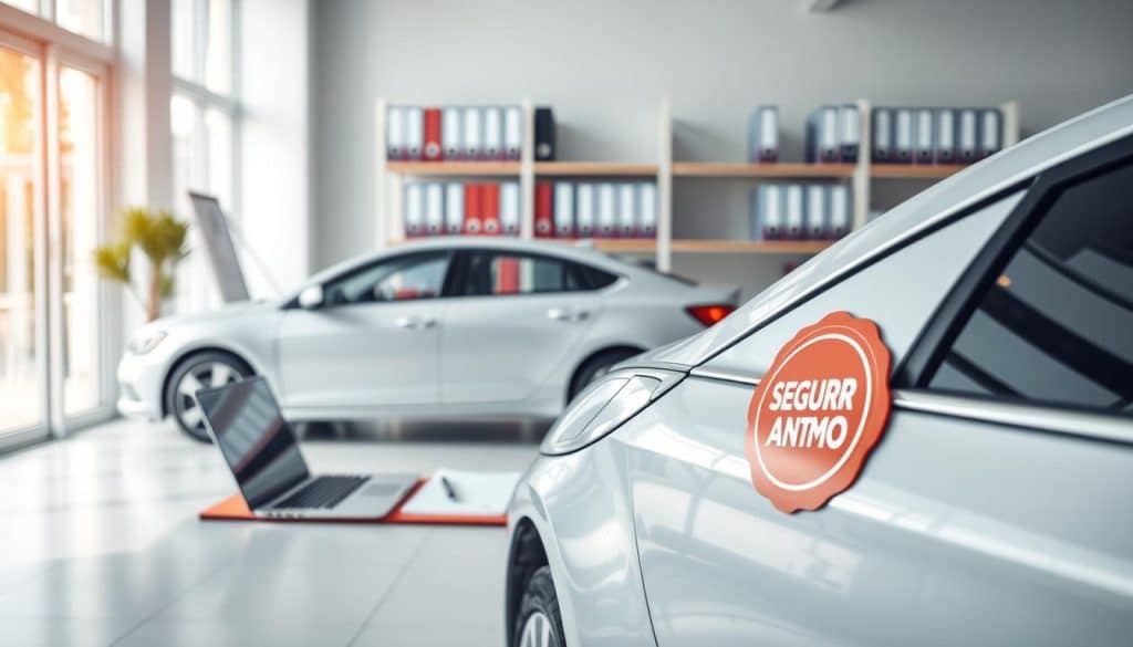 A modern, professional-looking image of "seguros coche prima" in a clean, minimalist style. Set in a bright, airy office environment with natural lighting. In the foreground, a silver sedan car with a red insurance badge prominently displayed on the side. In the middle ground, a desk with a laptop, pen, and paper documents relating to car insurance policies. In the background, shelves of insurance files and binders. The overall mood is one of efficiency, reliability, and attention to detail, reflecting the subject of car insurance coverage. A modern, professional-looking image of "seguros coche prima" in a clean, minimalist style. Set in a bright, airy office environment with natural lighting. In the foreground, a silver sedan car with a red insurance badge prominently displayed on the side. In the middle ground, a desk with a laptop, pen, and paper documents relating to car insurance policies. In the background, shelves of insurance files and binders. The overall mood is one of efficiency, reliability, and attention to detail, reflecting the subject of car insurance coverage.