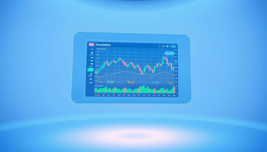 A modern, sleek financial simulator interface floating in a minimalist, holographic environment. The display shows a dynamic stock market chart, with colorful data visualizations and intuitive controls. The scene is bathed in a soft, blue-tinted lighting, creating a sense of technological sophistication. The camera angle is slightly elevated, giving an overview of the simulation's immersive and engaging design. The atmosphere conveys a balance of analytical power and user-friendly accessibility, inviting the viewer to explore the world of investment risk-free.