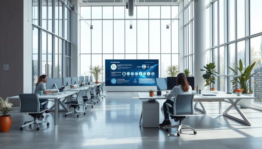 A modern, sleek insurance company office in 2025, featuring a minimalist and sustainable design. The spacious lobby has floor-to-ceiling windows that flood the space with natural light, giving it an airy and welcoming atmosphere. In the center, a digital display showcases the company's latest insurance offerings and services. Employees work at ergonomic, tech-enabled desks, collaborating seamlessly with clients through advanced communication tools. The overall aesthetic conveys a sense of innovation, transparency, and a commitment to providing tailored, future-proof insurance solutions.