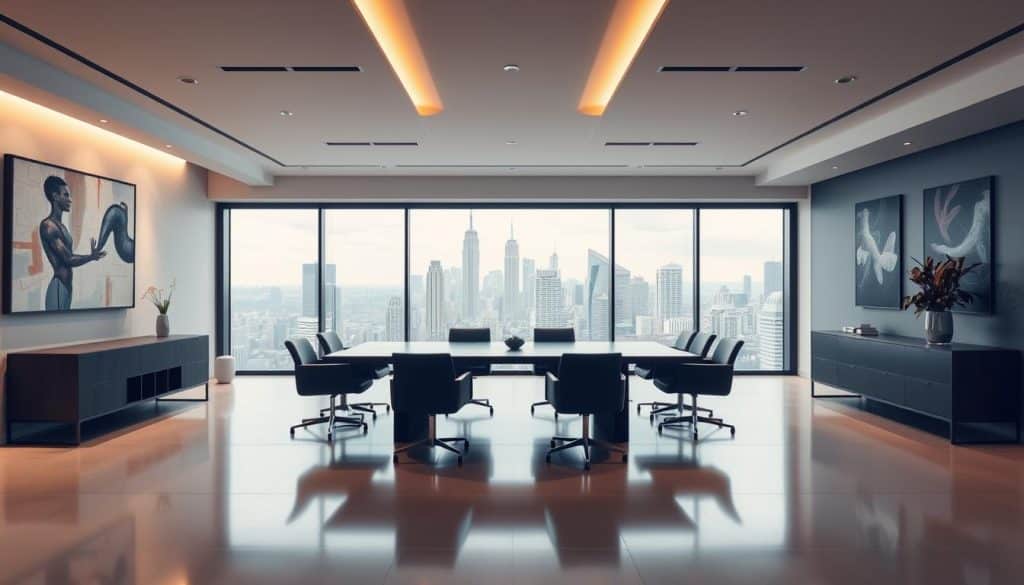 A modern, sleek office interior with a large conference table at the center. The table is surrounded by comfortable chairs, and the walls are adorned with abstract art and minimalist decor. In the background, a panoramic window offers a stunning view of a bustling city skyline. Soft, diffused lighting illuminates the space, creating a warm and professional atmosphere. The overall scene conveys a sense of efficiency, collaboration, and forward-thinking in the insurance industry. The focus is on the fusion of processes and the impact on customer service, as reflected in the tranquil yet dynamic setting.