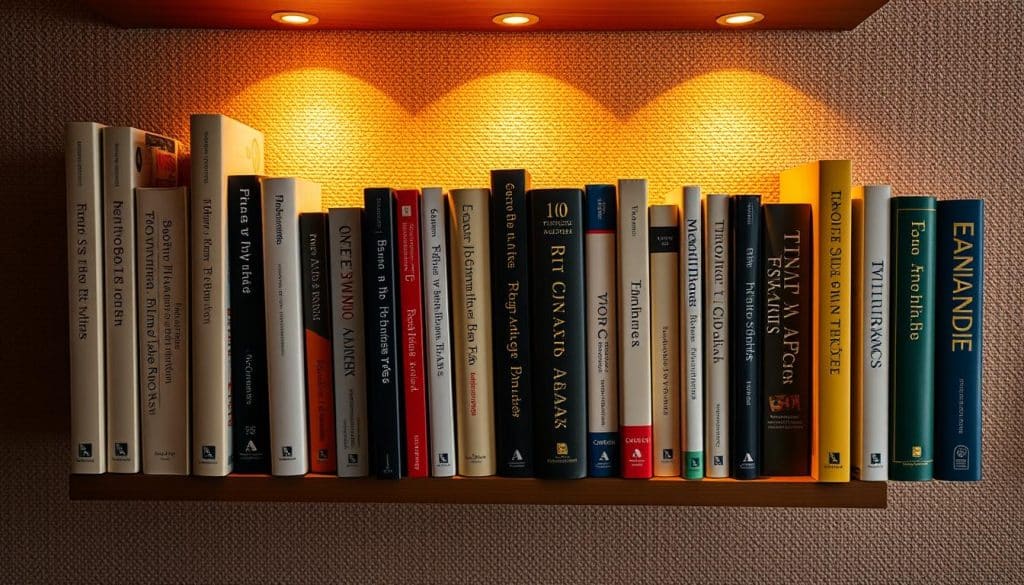 A neatly organized bookshelf showcasing a diverse collection of financial books, illuminated by warm, directional lighting that casts subtle shadows, creating a cozy, scholarly atmosphere. The books are arranged in a visually appealing manner, with their spines facing outward, allowing the viewer to clearly see the titles and authors. The bookshelf is positioned against a neutral, textured background, allowing the books to be the focal point. The overall composition conveys a sense of order, knowledge, and a deep appreciation for the subject of finance.