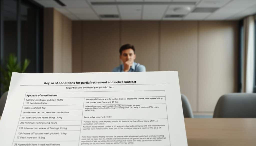 A neatly organized document showcasing the key requirements and conditions for partial retirement and the relief contract. The foreground displays a detailed list of eligibility criteria, such as age, years of contributions, and minimum working hours. The middle ground depicts a worker in a thoughtful pose, considering their options. The background features a serene office setting with clean lines and muted tones, conveying a sense of professionalism and contemplation. The lighting is soft and even, highlighting the informative nature of the document. The overall atmosphere is one of clarity, precision, and the thoughtful consideration of one's retirement plans.