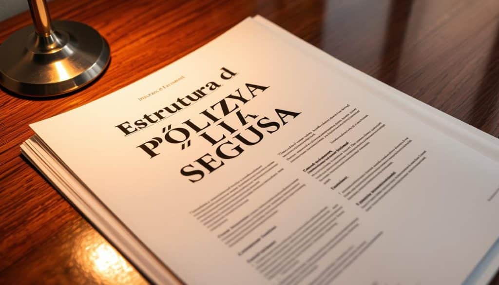 A neatly organized insurance policy document, its pages crisp and pristine, resting on a polished wooden desk. The cover prominently displays the title "Estructura Póliza Seguro" in a bold, professional font. The policy's interior pages are meticulously arranged, with clear section headings and detailed clauses visible. Warm, directional lighting from a desk lamp casts a subtle glow, highlighting the document's intricate structure and important details. The scene conveys a sense of authority, reliability, and attention to detail, reflecting the importance of understanding the key components of an insurance policy.