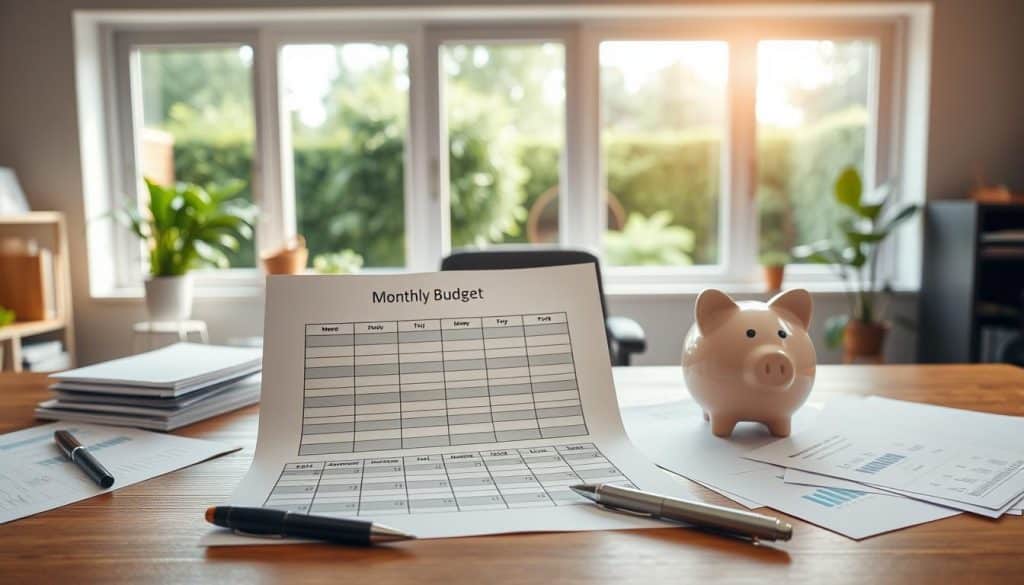 A neatly organized monthly budget spreadsheet prominently displayed on a wooden desk, with various financial documents, a pen, and a piggy bank in the foreground. The middle ground features a serene home office setting, with a large window overlooking a lush, verdant backyard. Soft, natural lighting filters through the window, creating a calm and focused atmosphere. The overall scene conveys a sense of financial control, organization, and a path towards long-term financial health and growth. A neatly organized monthly budget spreadsheet prominently displayed on a wooden desk, with various financial documents, a pen, and a piggy bank in the foreground. The middle ground features a serene home office setting, with a large window overlooking a lush, verdant backyard. Soft, natural lighting filters through the window, creating a calm and focused atmosphere. The overall scene conveys a sense of financial control, organization, and a path towards long-term financial health and growth.