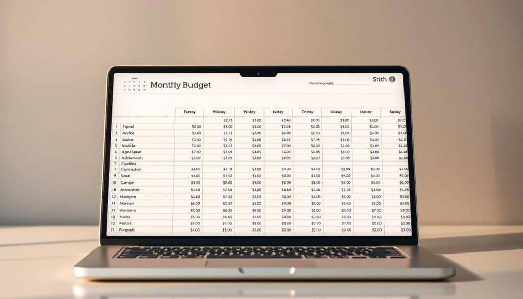 A neatly organized monthly budget spreadsheet set against a muted gray background, with clean typography and simple but elegant icons representing various financial categories. The spreadsheet is displayed on a modern, minimalist laptop or tablet, bathed in warm, diffused lighting that creates a sense of focus and professionalism. The overall scene conveys a feeling of financial control, organization, and a practical approach to personal finance management. A neatly organized monthly budget spreadsheet set against a muted gray background, with clean typography and simple but elegant icons representing various financial categories. The spreadsheet is displayed on a modern, minimalist laptop or tablet, bathed in warm, diffused lighting that creates a sense of focus and professionalism. The overall scene conveys a feeling of financial control, organization, and a practical approach to personal finance management.