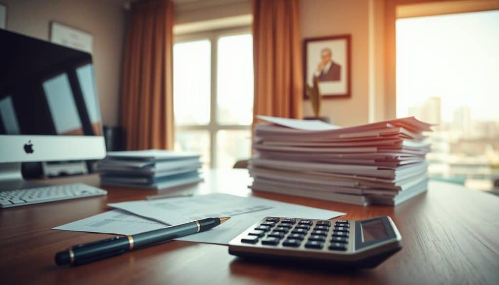 A neatly organized office space with a desk, computer, and various financial documents. Warm, natural lighting illuminates the scene, creating a professional and focused atmosphere. In the foreground, a pen and calculator symbolize the careful management of debts. The middle ground features carefully stacked files and folders, representing the regulated and structured nature of debt management. In the background, a window provides a glimpse of a cityscape, hinting at the broader financial landscape. The overall composition conveys a sense of control, efficiency, and a commitment to responsible financial practices.