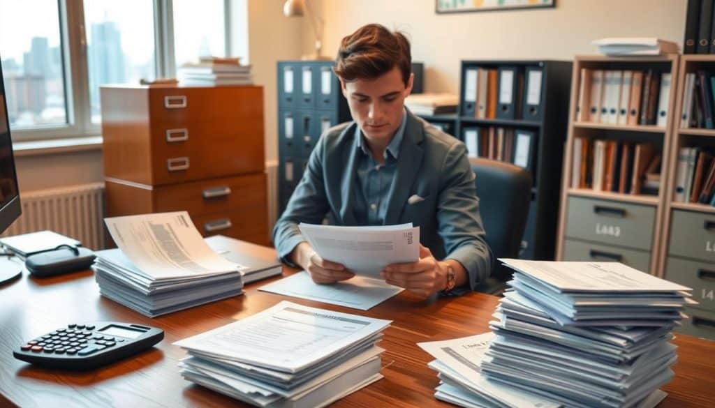 A neatly organized office space with a wooden desk, calculator, and stacks of paperwork representing debt management. In the foreground, a person sits thoughtfully, reviewing financial documents under warm, focused lighting. The middle ground features filing cabinets and a bookshelf filled with personal finance resources. The background showcases a window overlooking a cityscape, symbolizing the broader financial landscape. The overall mood is one of concentration, diligence, and a sense of control over one's financial situation. A neatly organized office space with a wooden desk, calculator, and stacks of paperwork representing debt management. In the foreground, a person sits thoughtfully, reviewing financial documents under warm, focused lighting. The middle ground features filing cabinets and a bookshelf filled with personal finance resources. The background showcases a window overlooking a cityscape, symbolizing the broader financial landscape. The overall mood is one of concentration, diligence, and a sense of control over one's financial situation.