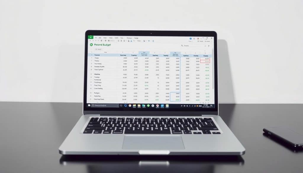 A neatly organized personal budget spreadsheet on a modern laptop against a minimalist white backdrop. The screen displays various income and expense categories, with intuitive icons and colorful graphs visualizing the data. The lighting is bright and diffused, with a subtle shadow cast by the laptop. The composition is balanced, with the spreadsheet taking up the majority of the frame, conveying a sense of focus and attention to detail. The overall mood is one of organization, control, and financial responsibility.