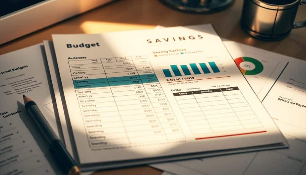 A neatly organized personal budget with meticulously categorized spending records and a prominent savings tracker, illuminated by warm, natural lighting and captured from a slightly elevated angle. The layout is clean and minimalist, with thoughtfully designed visual elements that convey a sense of financial control and prudent money management. The overall atmosphere is one of reassurance and empowerment, inviting the viewer to consider the tangible benefits of maintaining a well-structured personal budget.