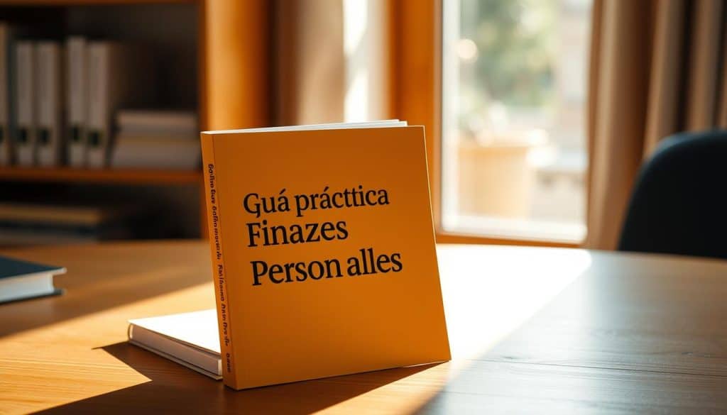 A neatly organized personal finance guidebook rests on a wooden desk, its cover featuring a clean, minimalist design in warm tones. The book's spine is clearly visible, with the title "Guía Práctica Finanzas Personales" printed in a crisp, legible font. The desk is illuminated by soft, natural light filtering through a nearby window, casting a gentle glow across the scene. The background is blurred, allowing the book to be the focal point, conveying a sense of focus and clarity. The overall composition suggests a serene, inviting atmosphere, perfect for studying the introductory section of this practical personal finance guide.