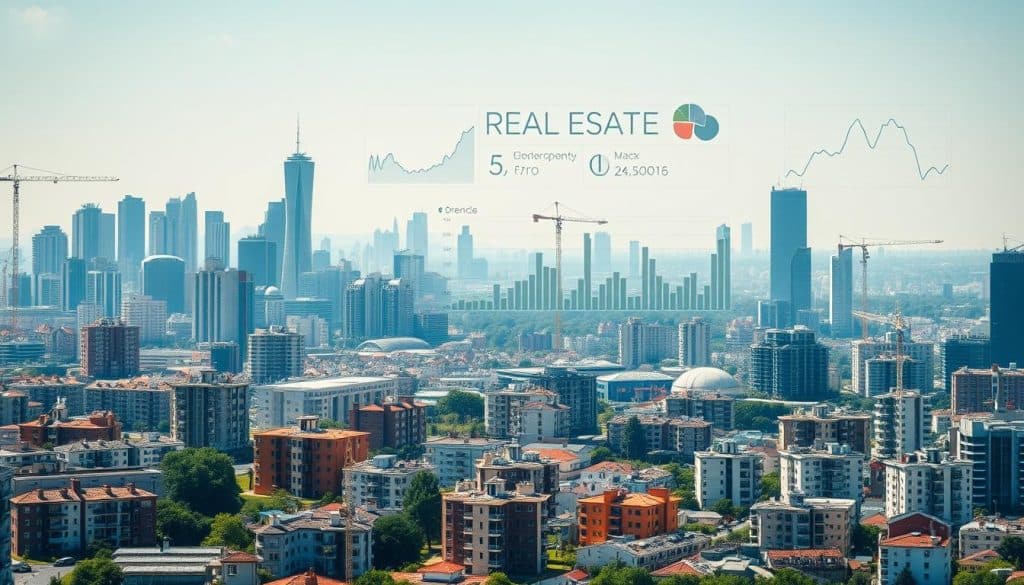 A panoramic view of a bustling real estate market, with a central focus on a holistic analysis of property trends and valuations. In the foreground, a detailed visualization of residential and commercial properties, their prices, occupancy rates, and development patterns. In the middle ground, charts, graphs, and market indicators providing a comprehensive overview of the industry's health and growth trajectory. In the background, a cityscape dotted with skyscrapers and construction sites, conveying the dynamic nature of the real estate landscape. The lighting is crisp and professional, capturing the analytical and strategic nature of the subject matter. The overall mood is one of informed decision-making, with the image serving as a visual aid for investors and industry professionals.