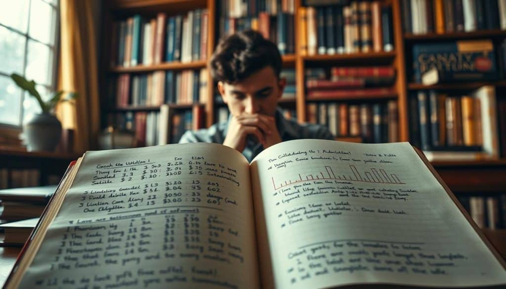 A panoramic view of a cozy study, lit by soft, warm light. In the foreground, an open book with handwritten notes and financial charts, conveying the narrative of personal financial growth. In the middle ground, a contemplative figure gazing at the book, deep in thought, symbolizing the process of economic learning. The background features a bookshelf filled with volumes on finance and economics, creating an atmosphere of intellectual exploration. The scene evokes a sense of quiet introspection and the transformative power of financial narratives.