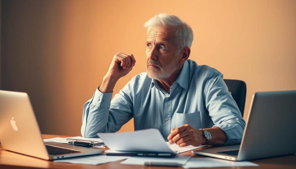 A pensioner in a thoughtful pose, seated at a desk surrounded by documents and a laptop, deep in contemplation of their retirement transition. Warm, diffused lighting illuminates the scene, casting subtle shadows that convey a sense of introspection. The background is blurred, allowing the viewer to focus on the subject's pensive expression and the tangible details of their partial retirement process. The composition is balanced, with a clean, uncluttered layout that emphasizes the personal, real-world nature of this retirement experience.
