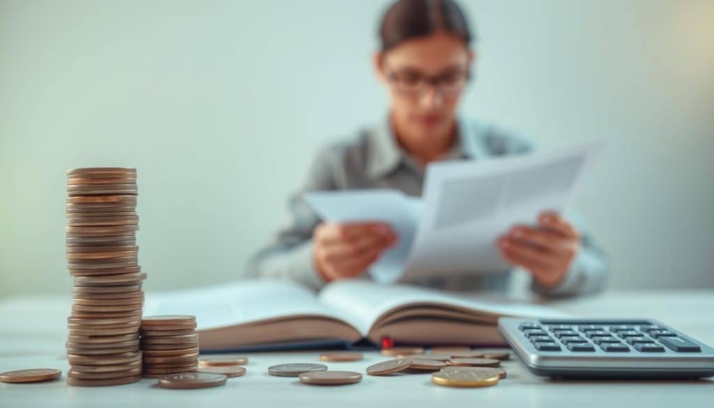 A personal finance education concept with a warm, inviting atmosphere. In the foreground, a stack of coins, an open book, and a calculator, symbolizing the practical tools of financial literacy. In the middle ground, a person studying financial documents, their face expressing thoughtful concentration. The background features a soothing gradient of blues and greens, suggesting the calming nature of responsible money management. Soft, natural lighting illuminates the scene, creating a sense of clarity and focus. The overall composition conveys the importance of building a solid foundation in personal finance for long-term financial health and well-being. A personal finance education concept with a warm, inviting atmosphere. In the foreground, a stack of coins, an open book, and a calculator, symbolizing the practical tools of financial literacy. In the middle ground, a person studying financial documents, their face expressing thoughtful concentration. The background features a soothing gradient of blues and greens, suggesting the calming nature of responsible money management. Soft, natural lighting illuminates the scene, creating a sense of clarity and focus. The overall composition conveys the importance of building a solid foundation in personal finance for long-term financial health and well-being.