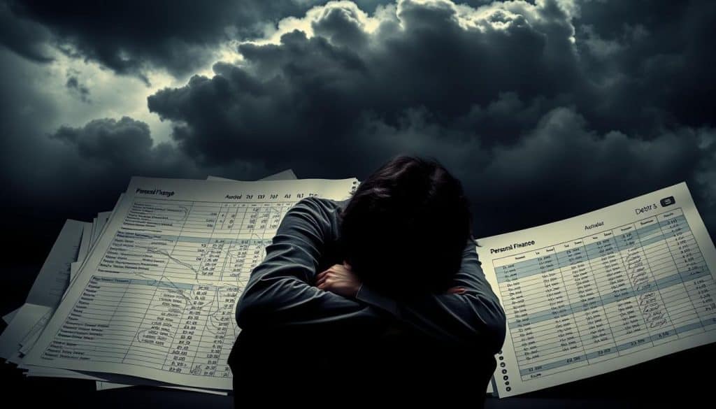 A personal finance ledger lies open, revealing a tangled web of debt calculations and worrying figures. Overhead, a cloud of dark storm clouds gathers, casting an ominous shadow over the scene. In the foreground, a person sits hunched, their face obscured, the weight of their financial burdens weighing heavily upon them. The lighting is moody, with dramatic chiaroscuro effects highlighting the gravity of the situation. The composition is tightly framed, creating a sense of claustrophobia and entrapment. The overall mood is one of anxiety, stress, and the overwhelming sense of being trapped by the consequences of accumulated debts. A personal finance ledger lies open, revealing a tangled web of debt calculations and worrying figures. Overhead, a cloud of dark storm clouds gathers, casting an ominous shadow over the scene. In the foreground, a person sits hunched, their face obscured, the weight of their financial burdens weighing heavily upon them. The lighting is moody, with dramatic chiaroscuro effects highlighting the gravity of the situation. The composition is tightly framed, creating a sense of claustrophobia and entrapment. The overall mood is one of anxiety, stress, and the overwhelming sense of being trapped by the consequences of accumulated debts.