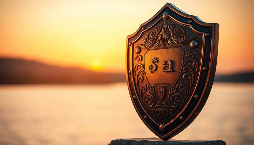 A pristine financial security shield, bathed in warm, golden light, stands prominently in the foreground. The shield's intricate details and polished metallic surface evoke a sense of reliability and protection. In the middle ground, a serene, minimalist landscape unfolds, with a tranquil lake reflecting the warm hues of the sky. The background features a gentle, blurred gradient, creating a soothing, dreamlike atmosphere that reinforces the concept of financial well-being and security. The overall composition conveys a feeling of stability, trust, and the comfort of being shielded from financial uncertainties.
