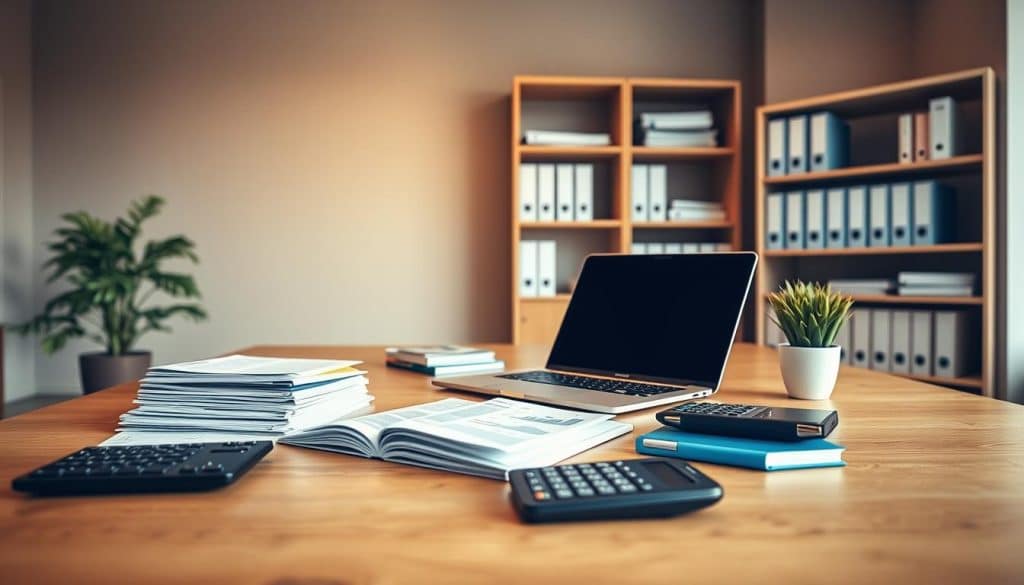 A professional and organized office interior with a large wooden desk, a modern laptop, a stack of financial documents, a calculator, and a potted plant. The lighting is warm and softly illuminates the scene, creating a sense of focus and productivity. The background features subtle, neutral-toned walls and shelves filled with financial books and binders, conveying a sophisticated and knowledgeable atmosphere. The overall composition emphasizes the importance of financial management and attention to detail.