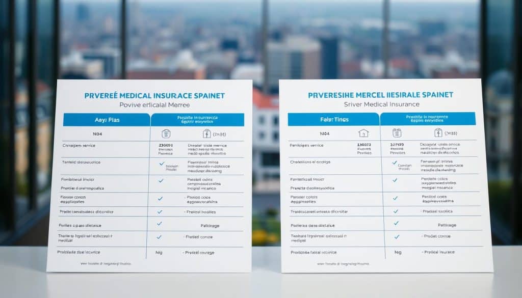 A professional, meticulously designed comparison of private medical insurance plans in the Spanish market. The foreground features a clean, minimalist layout showcasing key plan details side-by-side, with crisp iconography and concise, legible typography. The middle ground depicts a diverse array of healthcare services and facilities, rendered in a stylized, almost architectural manner. In the background, a blurred cityscape provides a subtle urban context, hinting at the broad range of coverage options available. The lighting is soft and even, lending an air of authority and trustworthiness to the scene. The overall composition conveys a sense of clarity, comprehensiveness, and informed decision-making for the prospective insurance buyer. A professional, meticulously designed comparison of private medical insurance plans in the Spanish market. The foreground features a clean, minimalist layout showcasing key plan details side-by-side, with crisp iconography and concise, legible typography. The middle ground depicts a diverse array of healthcare services and facilities, rendered in a stylized, almost architectural manner. In the background, a blurred cityscape provides a subtle urban context, hinting at the broad range of coverage options available. The lighting is soft and even, lending an air of authority and trustworthiness to the scene. The overall composition conveys a sense of clarity, comprehensiveness, and informed decision-making for the prospective insurance buyer.