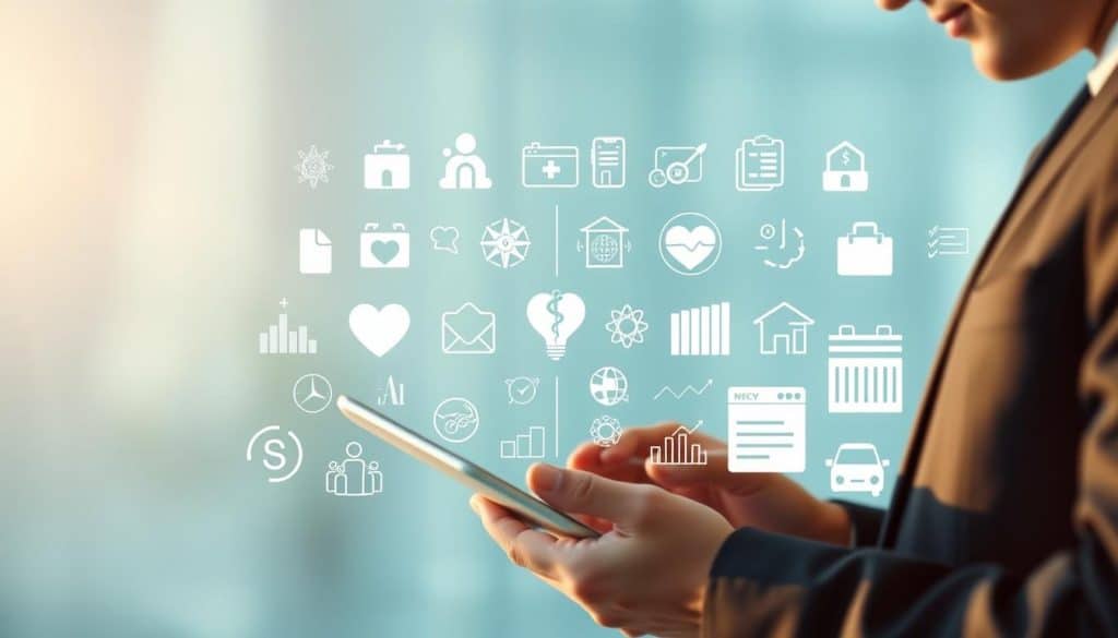 A professional stock photograph of health insurance coverage options, with a clean, modern design. In the foreground, a smartly dressed person holds a tablet, browsing different policy details. The middle ground features an array of healthcare icons, medical symbols, and charts, conveying the breadth of coverage. The background is a soft, blurred gradient of soothing blues and greens, creating a calming, trustworthy atmosphere. Excellent depth of field, warm lighting from the side, and a slight tilt-shift effect to draw the viewer's eye to the focal point. An image that visually represents the comprehensive analysis of health insurance products and options.