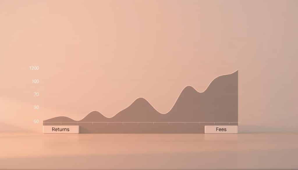 A realistic graph or chart depicting the historical performance and fees of investment funds. The foreground should feature a prominent line graph or bar chart, with clear labels for "Returns" and "Fees". The middle ground should include various fund icons or logos, conveying the diversity of investment options. The background should be a minimalist, monochromatic setting, with subtle gradients or textures to create depth and a professional, financial atmosphere. The lighting should be soft and even, with a slight warm tone to evoke a sense of trustworthiness and reliability. The overall composition should strike a balance between analytical data visualization and visual aesthetics, to effectively communicate the key information about investment fund returns and costs.