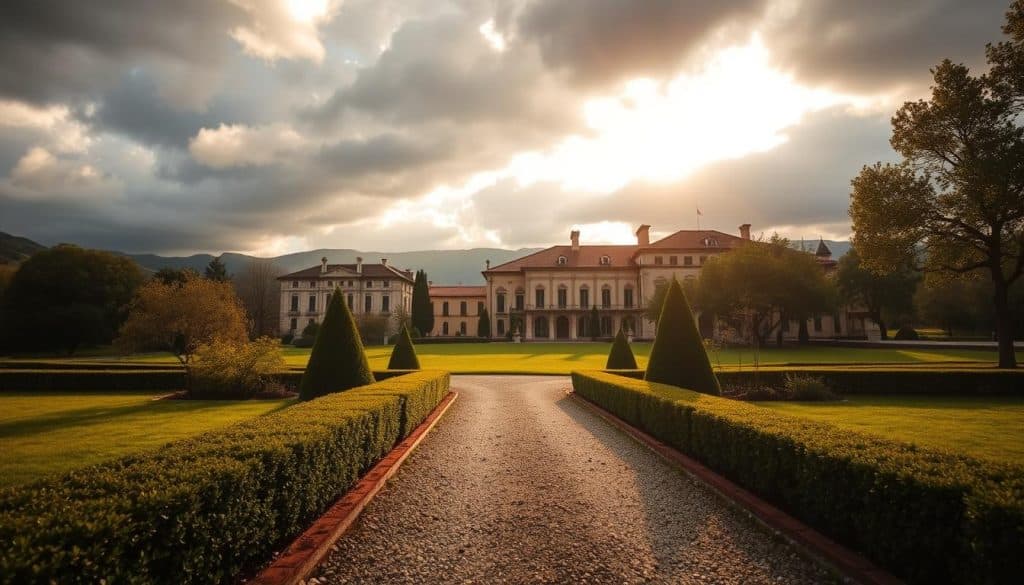 A serene Spanish countryside scene with a stately manor house set against a backdrop of rolling hills and a cloudy sky. In the foreground, a well-maintained gravel path leads to the manor's entrance, flanked by neatly trimmed hedges and ornamental trees. Sunlight filters through the foliage, casting warm, diffused lighting across the scene. The architecture of the manor blends classic Spanish design with subtle modern elements, conveying a sense of timeless elegance. The overall atmosphere evokes a sense of tradition, wealth, and the intergenerational transfer of property, reflecting the context of the "Introducción: Contexto y relevancia de la transmisión de bienes en España" section of the article.