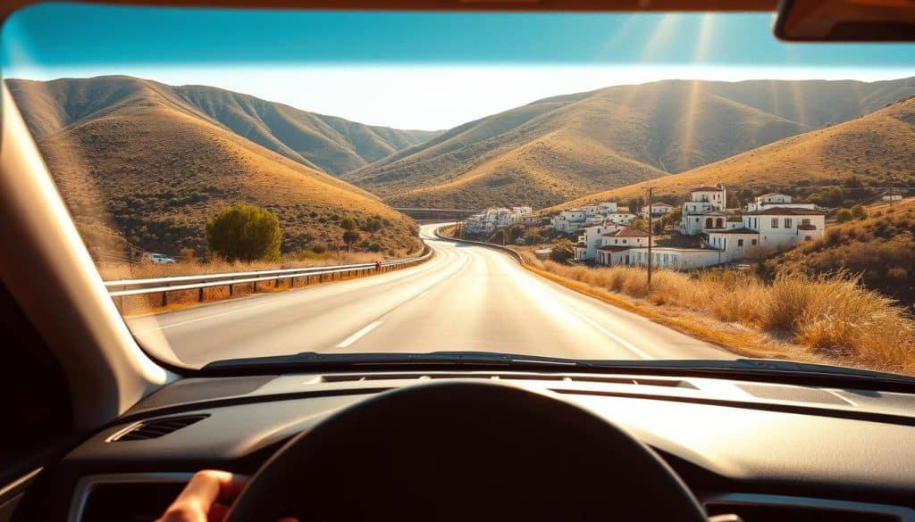 A serene Spanish highway scene, captured through the windshield of a car. The road stretches out before us, flanked by lush rolling hills and the occasional cluster of whitewashed buildings. Warm Mediterranean sunlight filters in, casting a golden glow on the landscape. The car's dashboard and steering wheel are visible in the foreground, suggesting a sense of security and control. The scene conveys a feeling of safe, comfortable travel, reflecting the concept of "safe context" for a car insurance policy in Spain. A serene Spanish highway scene, captured through the windshield of a car. The road stretches out before us, flanked by lush rolling hills and the occasional cluster of whitewashed buildings. Warm Mediterranean sunlight filters in, casting a golden glow on the landscape. The car's dashboard and steering wheel are visible in the foreground, suggesting a sense of security and control. The scene conveys a feeling of safe, comfortable travel, reflecting the concept of "safe context" for a car insurance policy in Spain.