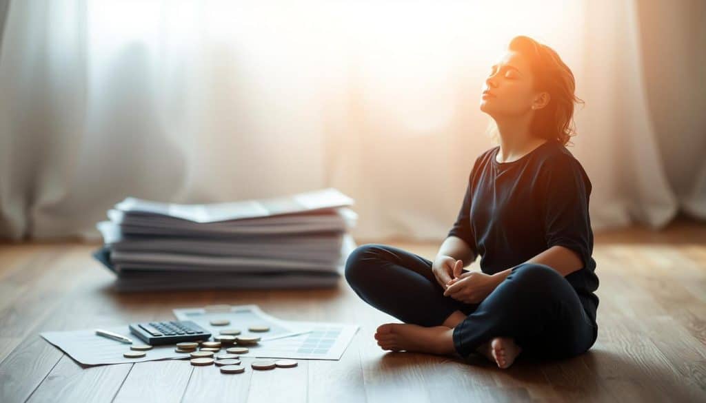A serene and contemplative scene depicting the thoughtful process of making conscious financial decisions. In the foreground, a person sits cross-legged, eyes closed, hands resting on their lap, exuding a sense of mindfulness and inner calm. The middle ground features an array of financial documents, coins, and a calculator, symbolizing the various elements involved in the decision-making process. The background is softly blurred, creating a peaceful, meditative atmosphere, with subtle light filtering through, illuminating the scene. The overall composition conveys a sense of intentionality, focus, and a holistic approach to personal finance. A serene and contemplative scene depicting the thoughtful process of making conscious financial decisions. In the foreground, a person sits cross-legged, eyes closed, hands resting on their lap, exuding a sense of mindfulness and inner calm. The middle ground features an array of financial documents, coins, and a calculator, symbolizing the various elements involved in the decision-making process. The background is softly blurred, creating a peaceful, meditative atmosphere, with subtle light filtering through, illuminating the scene. The overall composition conveys a sense of intentionality, focus, and a holistic approach to personal finance.