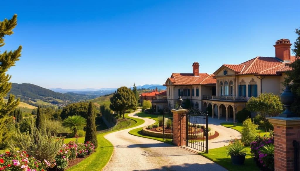 A serene and elegant Catalan estate, nestled amidst lush rolling hills and a clear azure sky. In the foreground, a stately manor house with terracotta roof tiles and ornate architectural details, flanked by manicured gardens with vibrant blooms. In the middle ground, a winding path leads past a traditional wrought-iron gate, hinting at the rich heritage within. In the background, the distant silhouettes of the Pyrenees mountains, their peaks touched by the warm, golden light of the Catalonian sun. An atmosphere of timeless tradition and well-preserved cultural identity pervades the scene, reflecting the unique normative system of Catalan inheritance.
