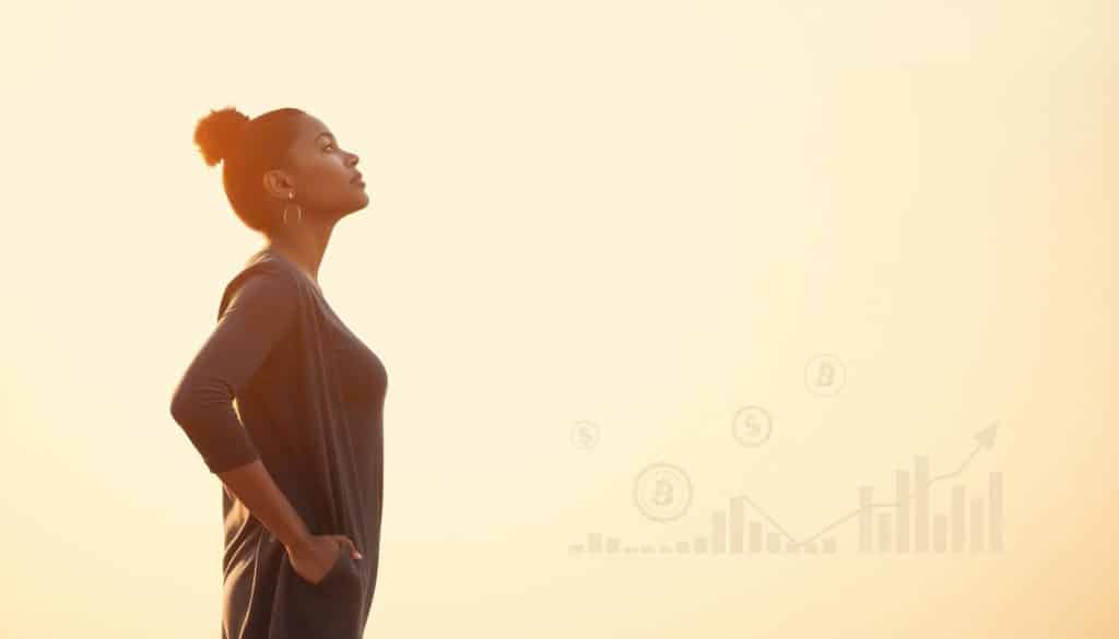 A serene and empowering scene of a confident woman standing tall, her gaze directed towards the horizon, signifying her financial journey. The foreground features a warm, natural lighting that casts a soft glow on her face, accentuating her determined expression. In the middle ground, subtle financial symbols such as graphs, coins, and charts surround her, symbolizing the financial challenges and opportunities she navigates. The background is a tranquil, minimalist setting, allowing the woman's presence to take center stage, conveying a sense of self-assurance and financial independence. The overall mood is one of resilience, growth, and a steadfast commitment to financial education and empowerment.