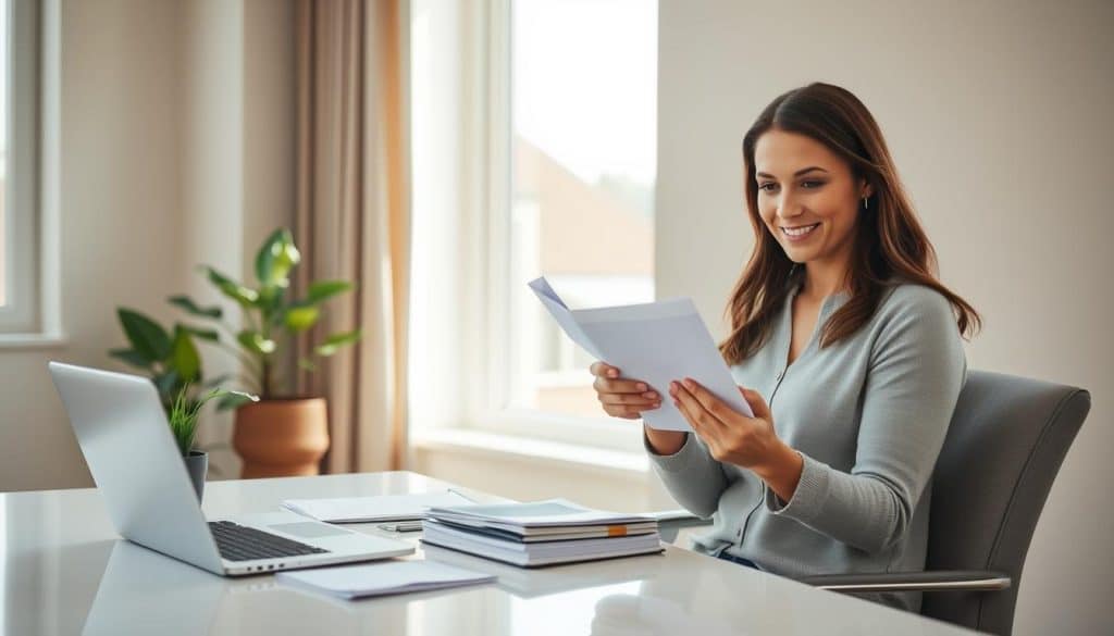 A serene and inviting financial planning scene. In the foreground, a woman sits comfortably at a modern, minimalist desk, reviewing financial documents with a look of confidence and focus. Soft, natural lighting filters through large windows, creating a warm, calming atmosphere. In the middle ground, a potted plant and a sleek, silver laptop convey a sense of balance and organization. The background features elegant, muted tones, with subtle patterns or textures that evoke a sense of stability and security. The overall composition exudes a feeling of empowerment, financial literacy, and a strong foundation for personal wealth management.