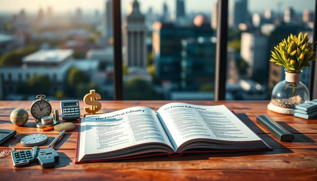 A serene and inviting scene, with a wooden desk in the foreground, showcasing various financial symbols and icons, like charts, graphs, and calculators, all bathed in warm, natural lighting. In the middle ground, a large open book lies open, its pages filled with financial concepts and terms, representing the "Introduction to Financial Education" section. The background features a softly blurred cityscape, hinting at the broader financial landscape. The overall atmosphere conveys a sense of learning, discovery, and a welcoming invitation to explore the fundamentals of financial literacy.