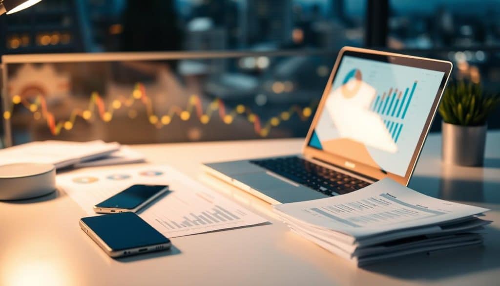 A serene and organized workspace with a laptop, smartphone, and financial documents neatly arranged on a clean desk. Soft, warm lighting illuminates the scene, creating a sense of focus and productivity. In the background, a blurred cityscape or financial charts subtly convey the world of personal finance. The overall atmosphere is one of control, efficiency, and a clear understanding of one's financial situation.