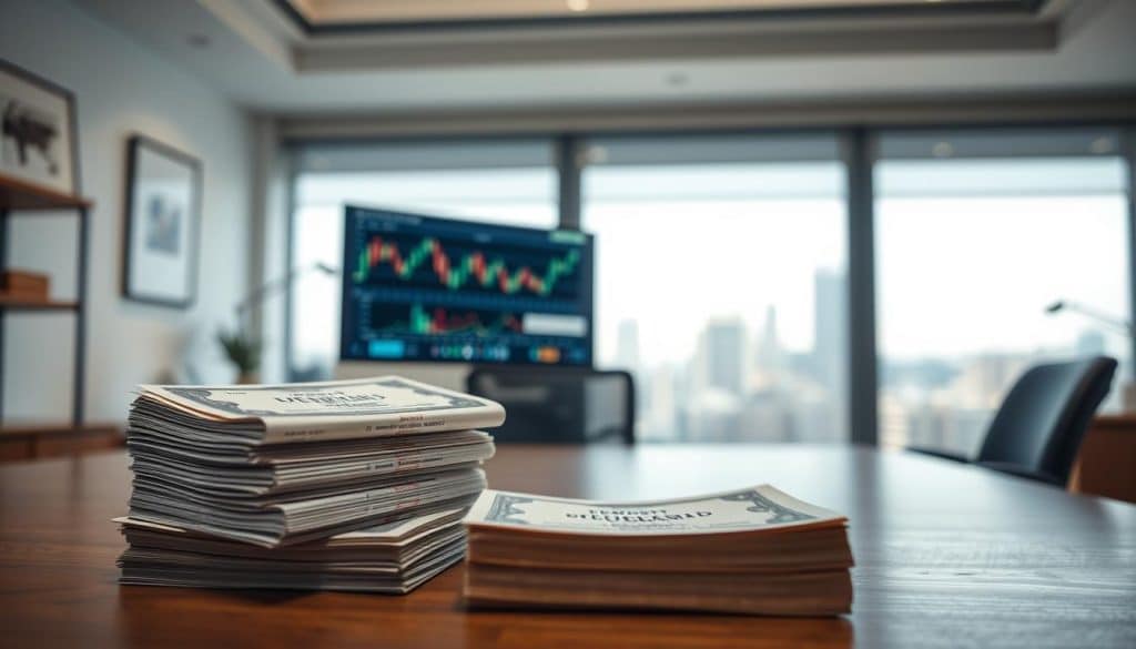 A serene and professional image of "letras del tesoro inversiones corto plazo". Set in a tasteful, minimalist office space, with a wooden desk and clean, modern decor. In the foreground, a stack of government treasury bonds and a small stack of deposit certificates, neatly arranged. Lighting is soft and diffused, creating a calm, businesslike atmosphere. The middle ground shows a computer monitor displaying financial data, hinting at the analytical nature of these short-term investment options. The background is blurred, but suggests a view of a city skyline through large windows, conveying a sense of stability and security. The overall impression is one of reliable, low-risk investments suitable for the busy professional.
