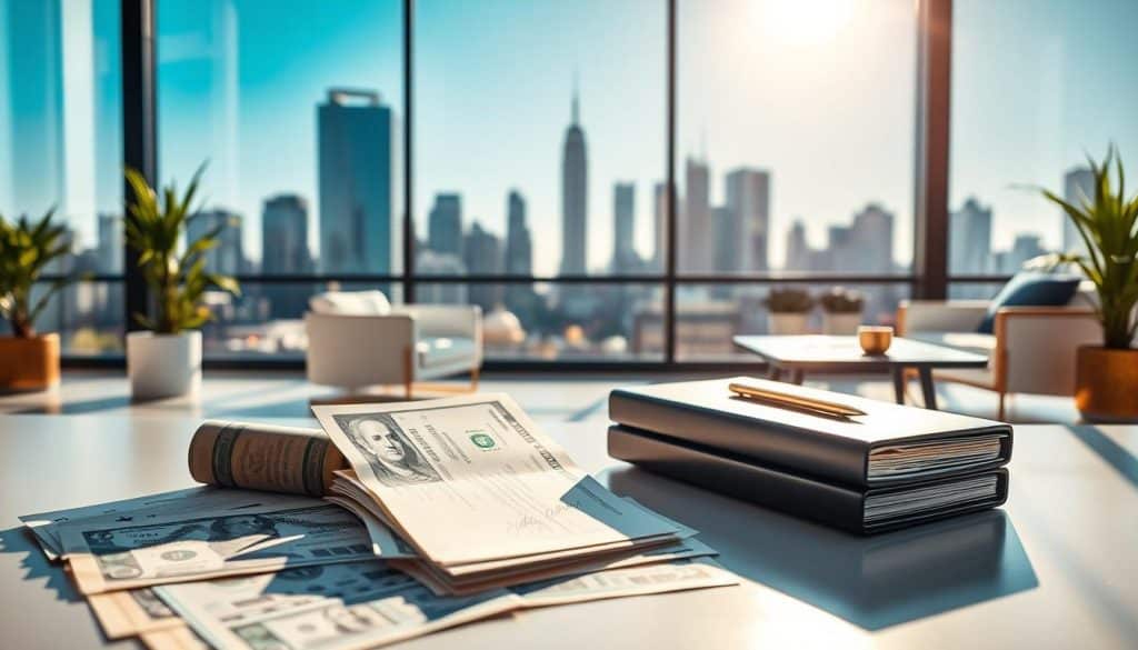 A serene and sophisticated financial landscape, bathed in warm, natural lighting. In the foreground, a collection of financial instruments - stock certificates, bonds, and investment portfolios - arranged in a visually appealing manner. In the middle ground, a sleek, modern office setting with minimalist furniture and stylized décor, conveying a sense of professionalism and attention to detail. The background features a city skyline, with towering skyscrapers and a clear, blue sky, symbolizing the broader economic environment and the interconnectedness of financial and non-financial investments. The overall composition should evoke a sense of balance, stability, and the careful consideration of both financial and non-financial assets.