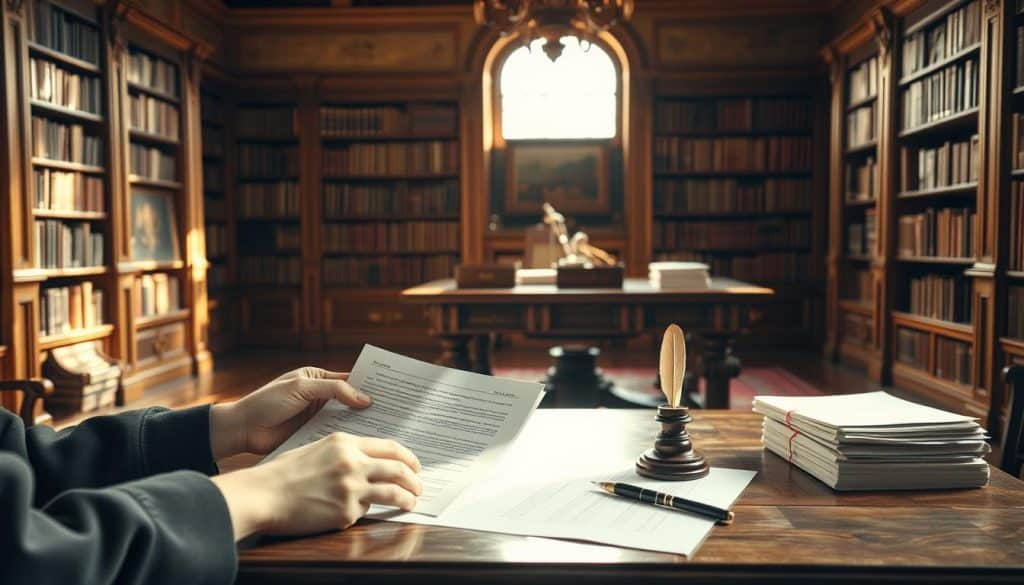 A serene and tranquil scene depicting the various modes of inheritance acceptance. In the foreground, a person thoughtfully contemplating legal documents, surrounded by a soft, natural light. In the middle ground, an ornate oak table with a quill, inkwell, and piles of paper, representing the formalities of the process. The background features a warm, sunlit library filled with towering bookshelves, conveying the intellectual and scholarly nature of the topic. The overall atmosphere is one of thoughtfulness, contemplation, and the weight of important decisions. The composition is balanced, with a sense of depth and symmetry, guiding the viewer's eye through the scene.
