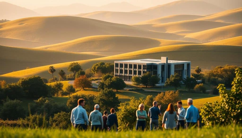 A serene and verdant landscape, with rolling hills in the background bathed in soft, golden light. In the foreground, a group of people engaged in thoughtful discussion, representing the diverse stakeholders involved in ethical investments. The middle ground features a modern office building, its sleek architecture and energy-efficient design symbolizing the principles of environmental, social, and governance (ESG) criteria. A sense of harmony and balance pervades the scene, conveying the idea of ethical investments contributing to a more sustainable future.