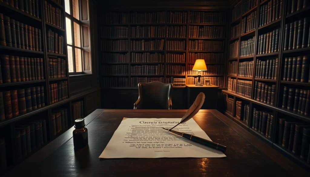 A serene, dimly lit study with shelves of ancient tomes lining the walls. In the center, a mahogany desk sits, adorned with a quill, ink, and a single sheet of parchment. Soft, warm lighting casts a gentle glow, creating a contemplative atmosphere. On the parchment, the carefully penned "cláusulas testamentarias" - the clauses of a last will and testament - are visible, the words seemingly imbued with the weight of legacy and the transference of wealth. The scene evokes a sense of legacy, tradition, and the solemn responsibility of passing on one's worldly possessions.