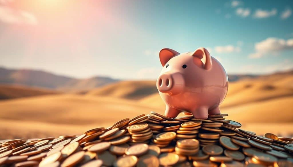 A serene financial sanctuary, a vibrant piggy bank atop a stack of golden coins, bathed in warm, inviting light. In the background, a tranquil landscape of rolling hills and a cloudless sky, symbolizing the stability and security of a well-managed emergency fund. The composition is balanced, with a sense of depth and perspective, drawing the viewer's attention to the central image of the piggy bank, a representation of preparedness and financial resilience. The overall mood is one of reassurance and comfort, conveying the importance of building a solid financial safety net. A serene financial sanctuary, a vibrant piggy bank atop a stack of golden coins, bathed in warm, inviting light. In the background, a tranquil landscape of rolling hills and a cloudless sky, symbolizing the stability and security of a well-managed emergency fund. The composition is balanced, with a sense of depth and perspective, drawing the viewer's attention to the central image of the piggy bank, a representation of preparedness and financial resilience. The overall mood is one of reassurance and comfort, conveying the importance of building a solid financial safety net.
